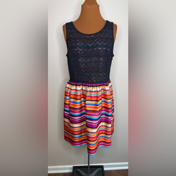 Kensie Multicolor Striped Dress Black Bodice Striped Skirt Size Large - Picture 1 of 9